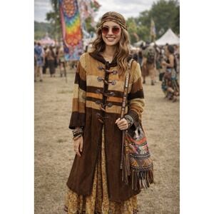 Vintage 1970s Edelstein Imports Suede Patchwork Hooded Coat Boho Folk‎ Festival